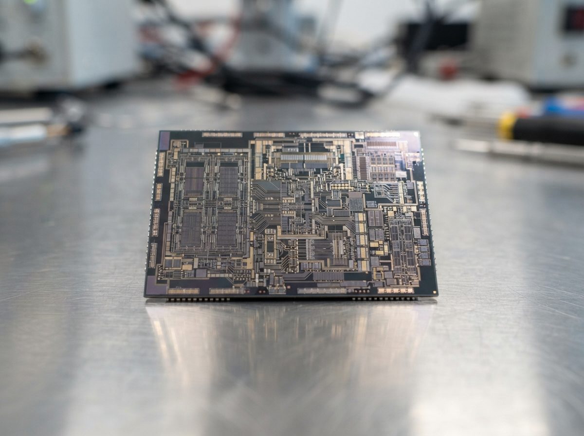 Close-up of a semiconductor chip with visible circuit patterns under bright studio light.