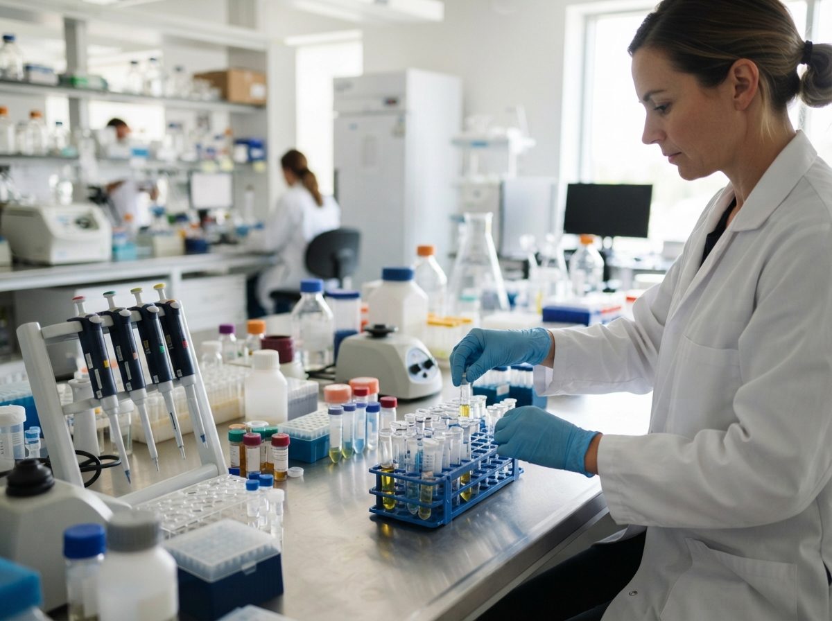 A brightly lit clinical research laboratory with vials and pipettes on a stainless steel bench.