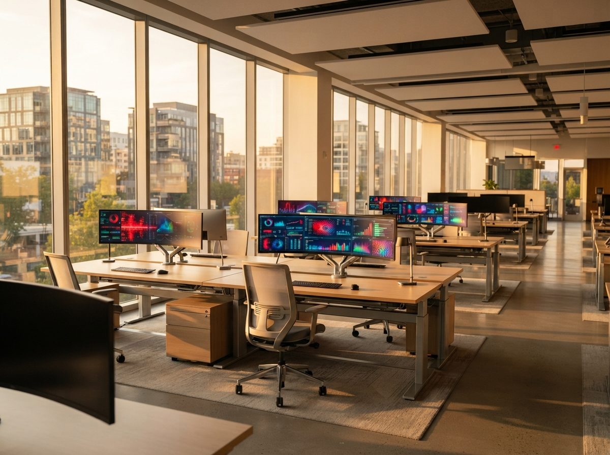 A modern tech office with curved monitors and sunlit open workspace representing a global technology company.
