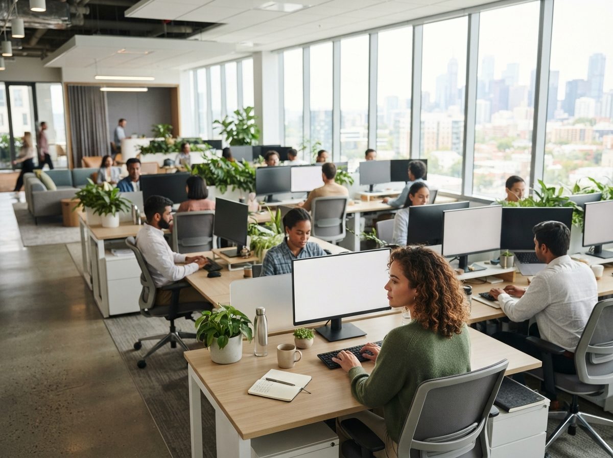 A bright modern tech office with clean workstations and natural light streaming through large windows.