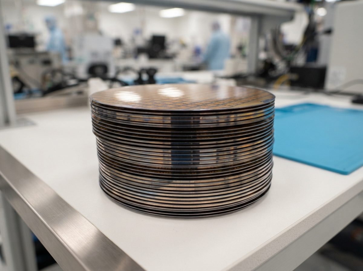Close-up of silicon memory wafers on a clean industrial workbench under bright light.