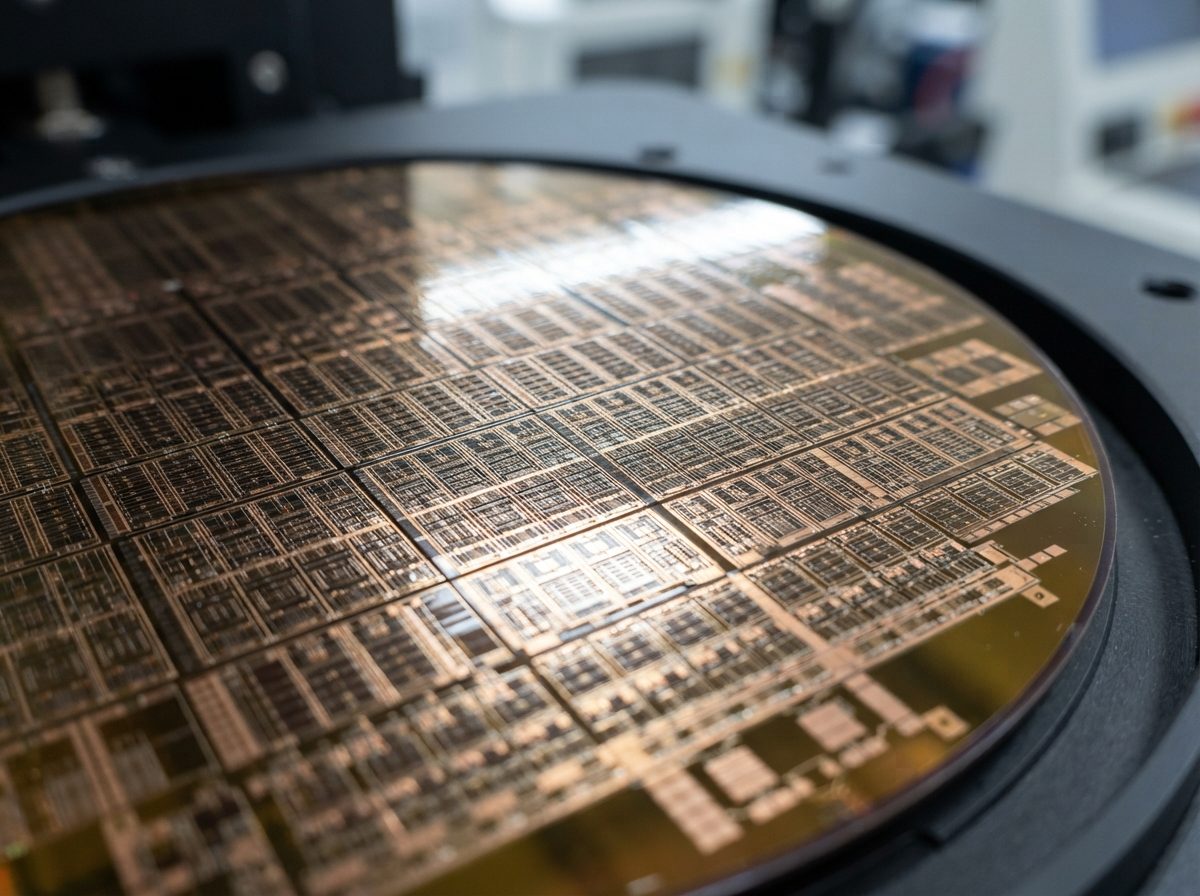 Macro view of a silicon memory chip wafer with reflective circuit patterns under bright cleanroom light