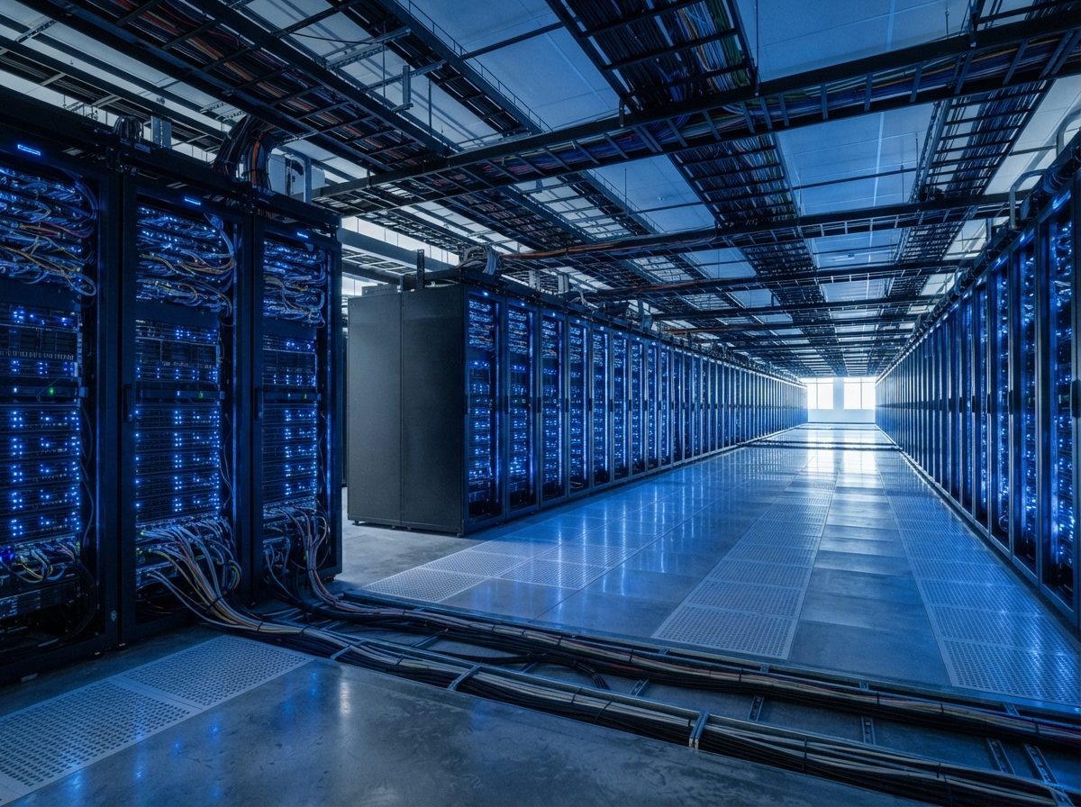 Rows of illuminated server racks inside a large modern data center.