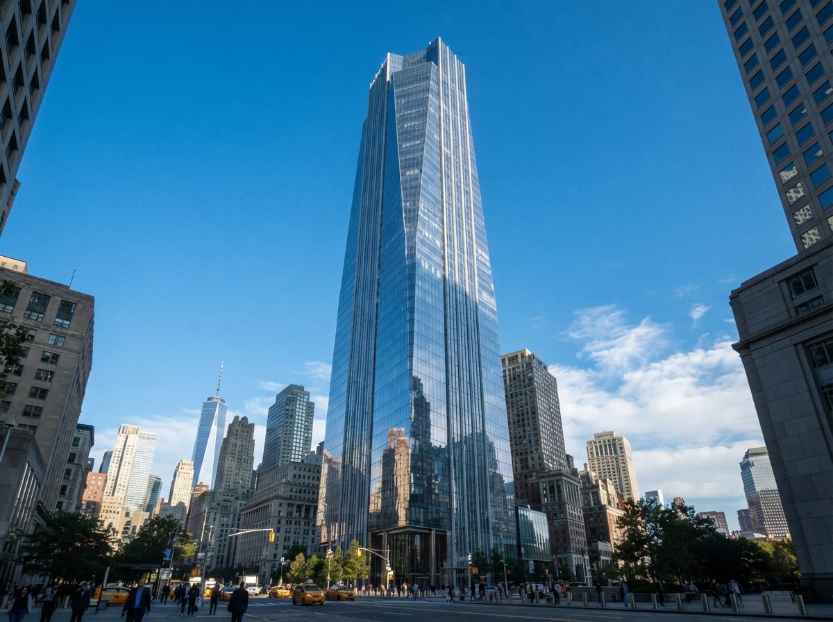 A glass skyscraper representing a major Wall Street financial firm's New York headquarters under a bright sky