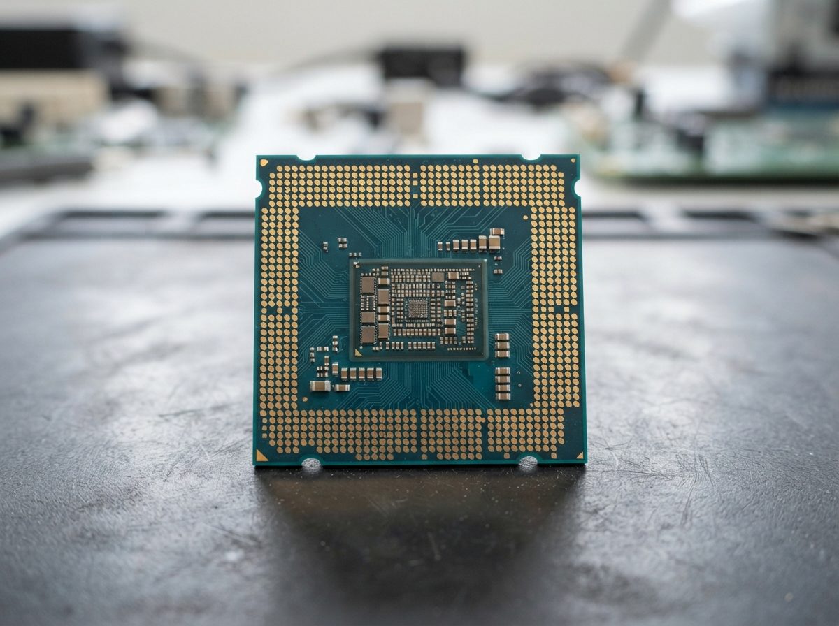 Close-up of a computer chip with detailed circuitry under bright studio lighting.