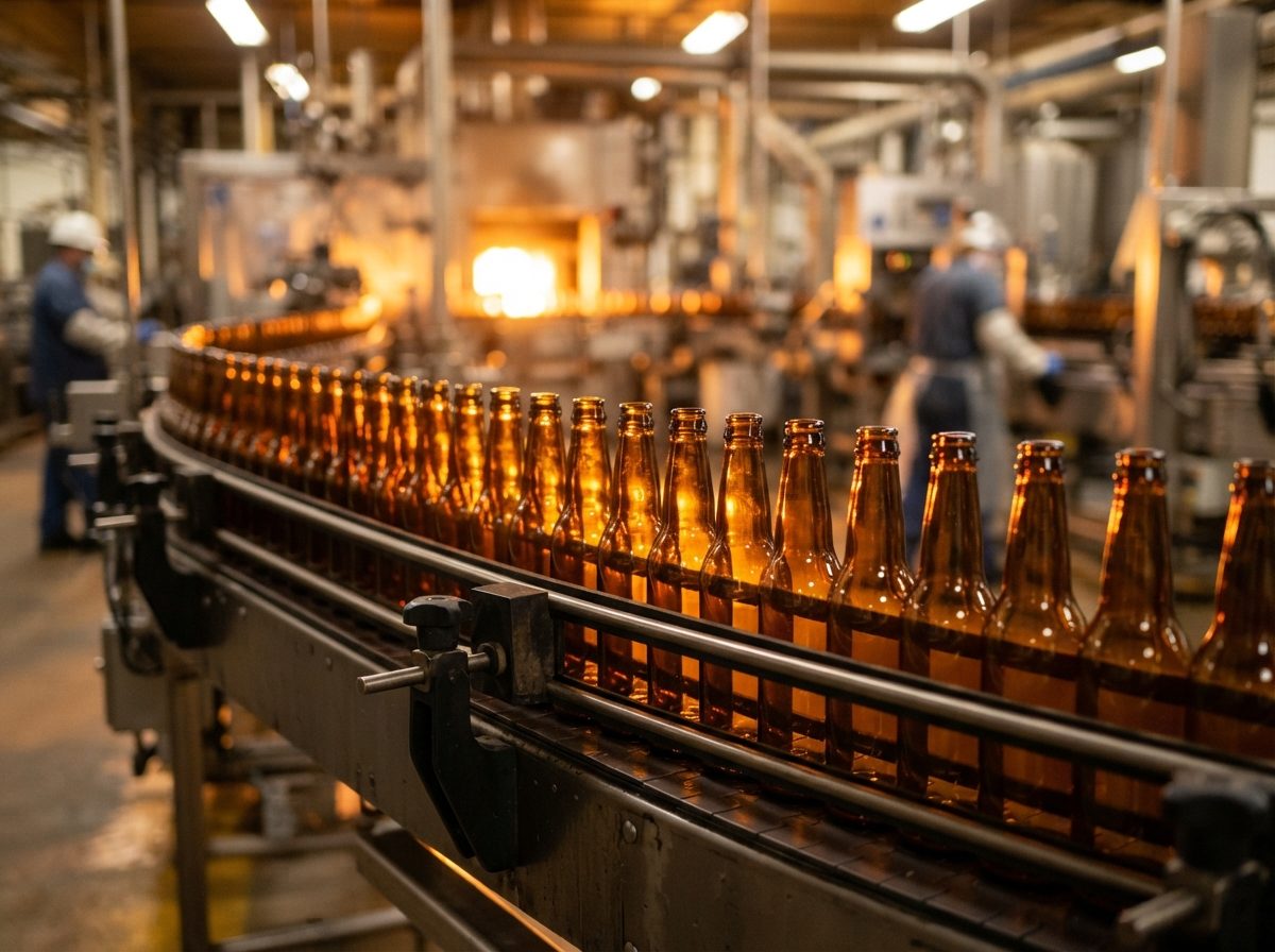 Amber glass bottles moving along a factory conveyor belt lit by furnace glow inside a glass manufacturing plant.