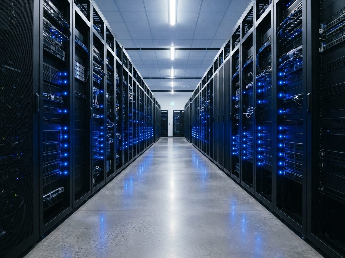 Rows of glowing server racks in a modern data center aisle representing cloud infrastructure.