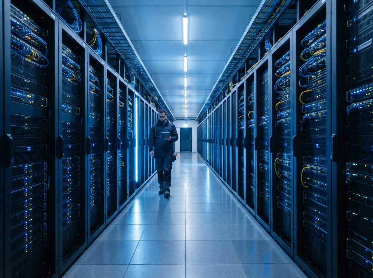 Modern data center corridor with illuminated server racks representing enterprise software infrastructure.