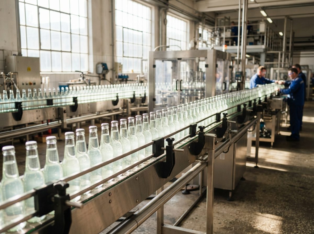 Bright industrial bottling line with glass beverage bottles on a stainless steel conveyor belt.