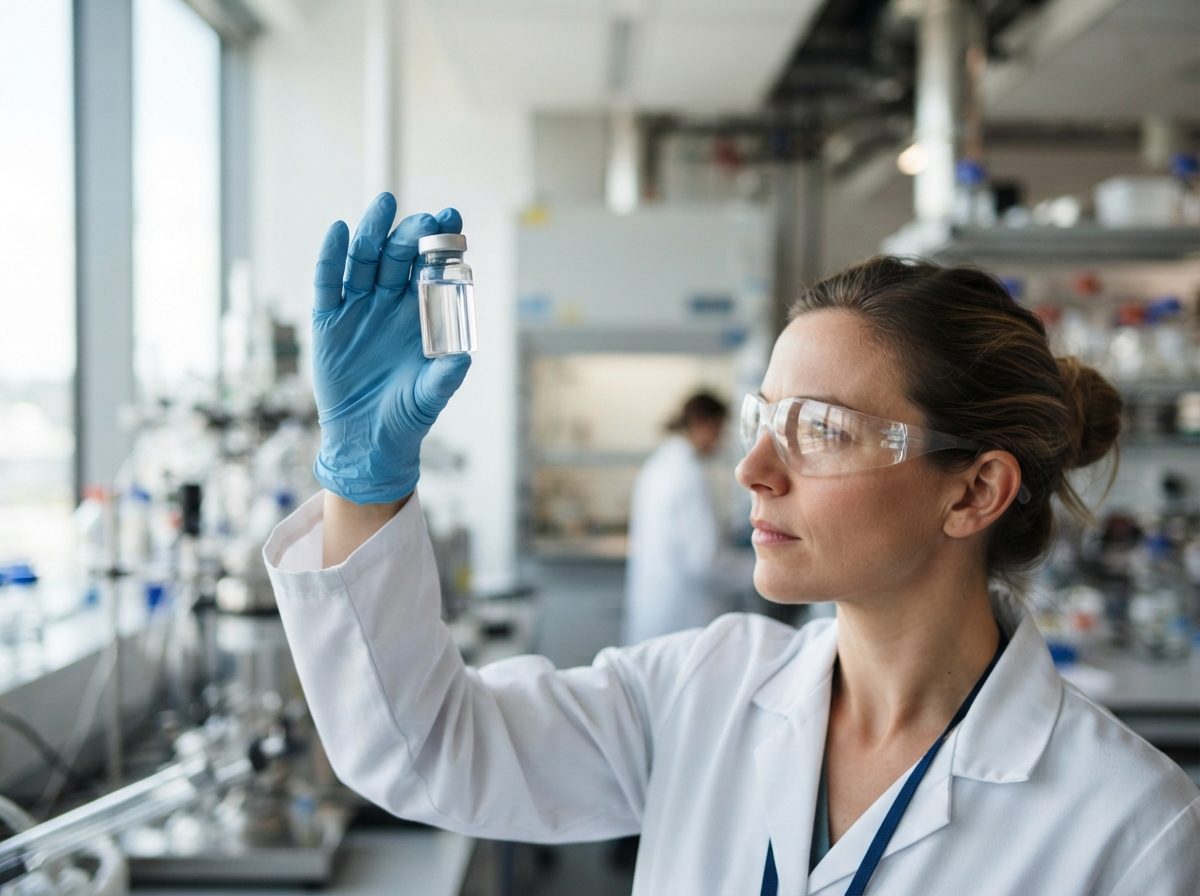 Scientist inspecting a glass vial of liquid medicine in a bright, modern pharmaceutical laboratory.