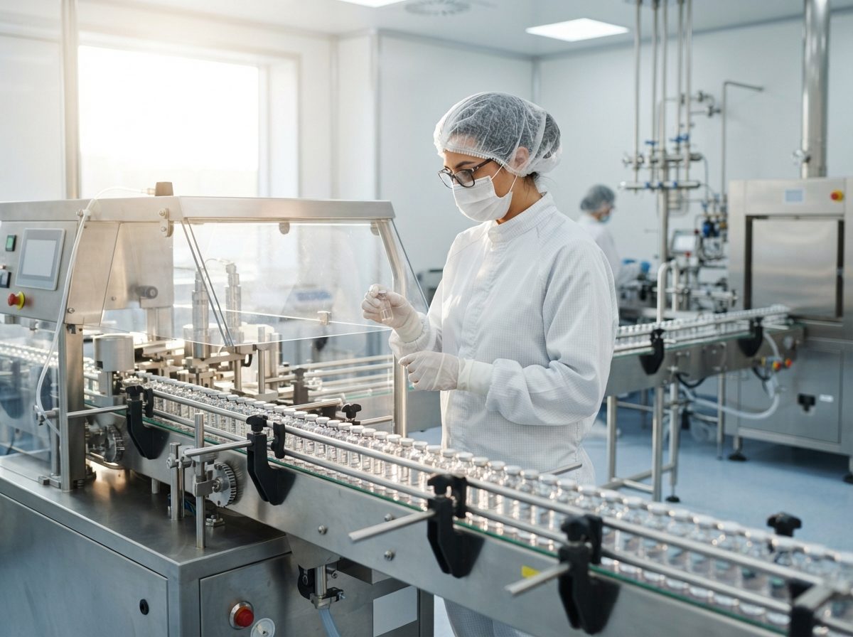 Technician in protective gear inspecting glass medicine vials on a sterile pharmaceutical manufacturing line.