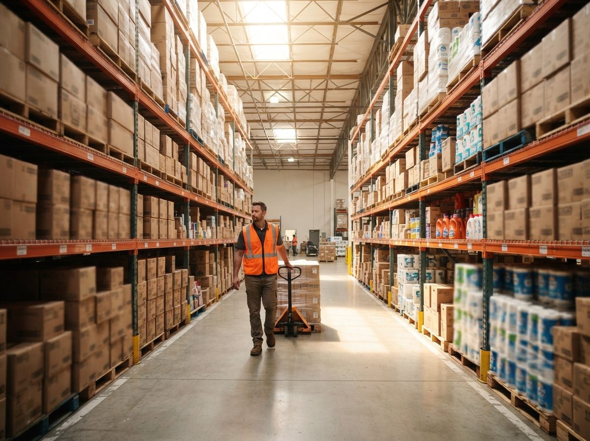 Warehouse aisle stacked with boxes of household consumer products under bright skylights.