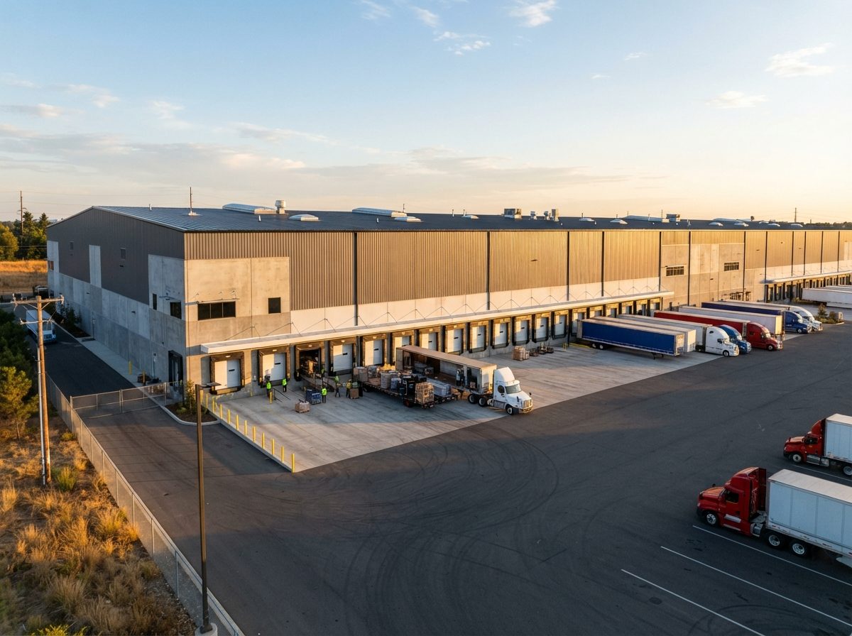 A large modern warehouse and logistics facility with loading docks under bright daylight.