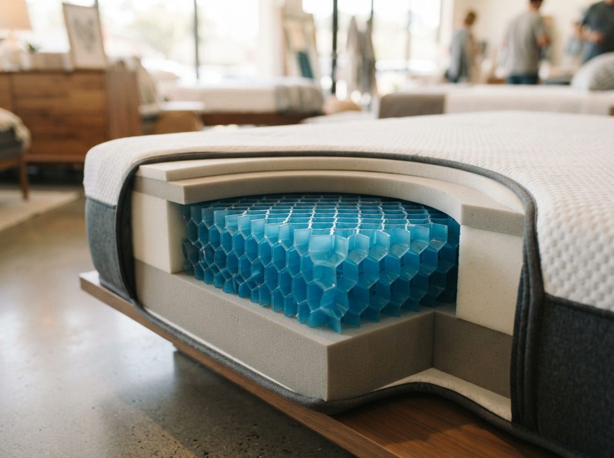 Close-up of a flexible gel-grid mattress material displayed in a bright showroom.