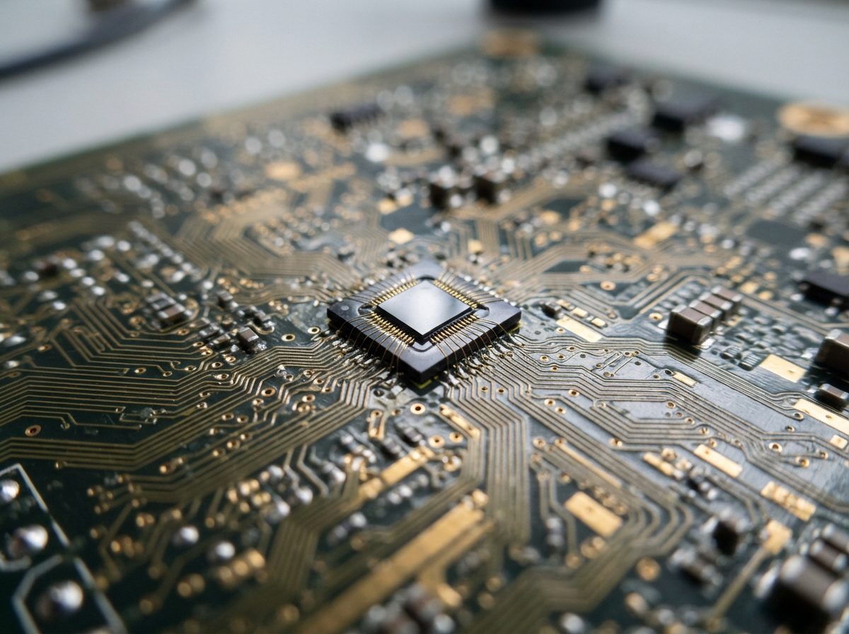 Close-up of a silicon semiconductor chip on a circuit board under bright light