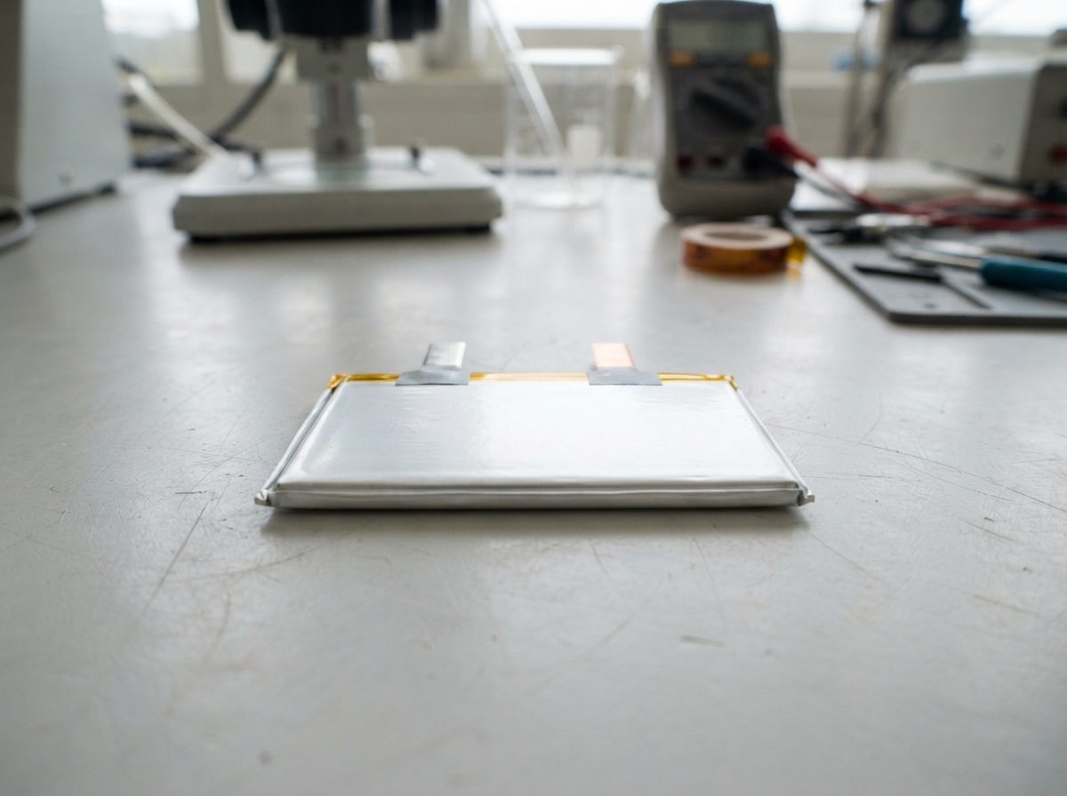 A silver experimental battery cell prototype on a laboratory workbench.
