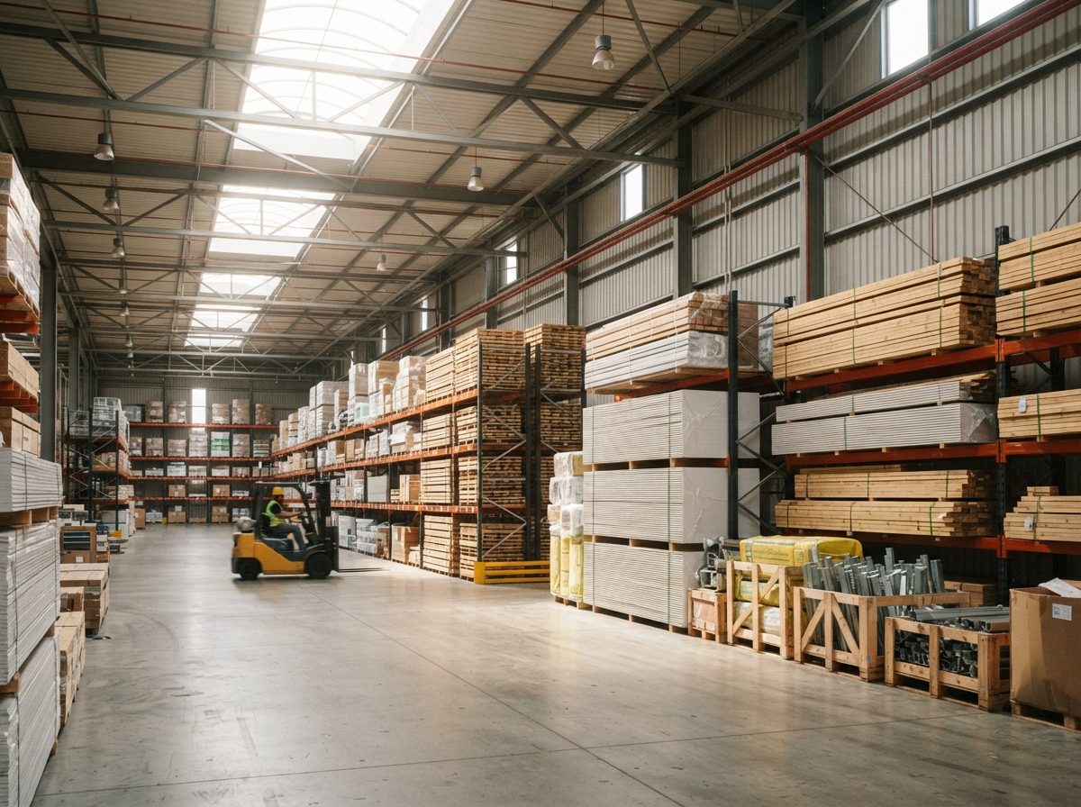 Interior of a large industrial warehouse filled with organized pallets of building materials under bright skylights.