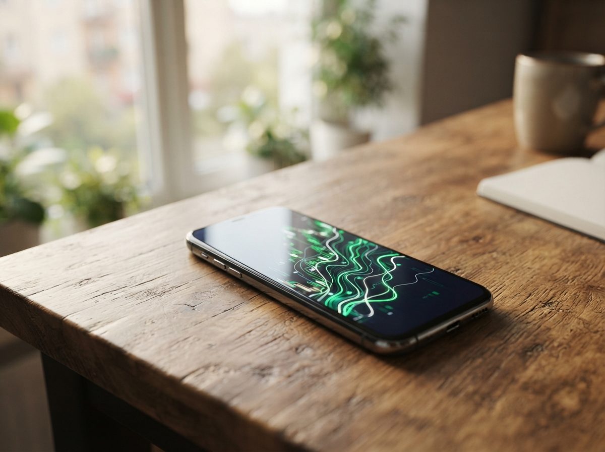 Smartphone on a desk showing an abstract colorful stock chart pattern in soft morning light.