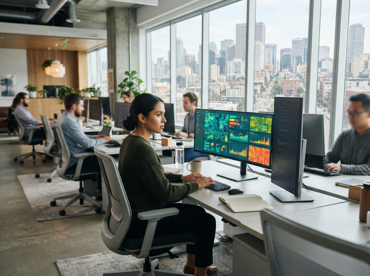 A modern open-plan software office with employees working at desks with large monitors and city skyline views.
