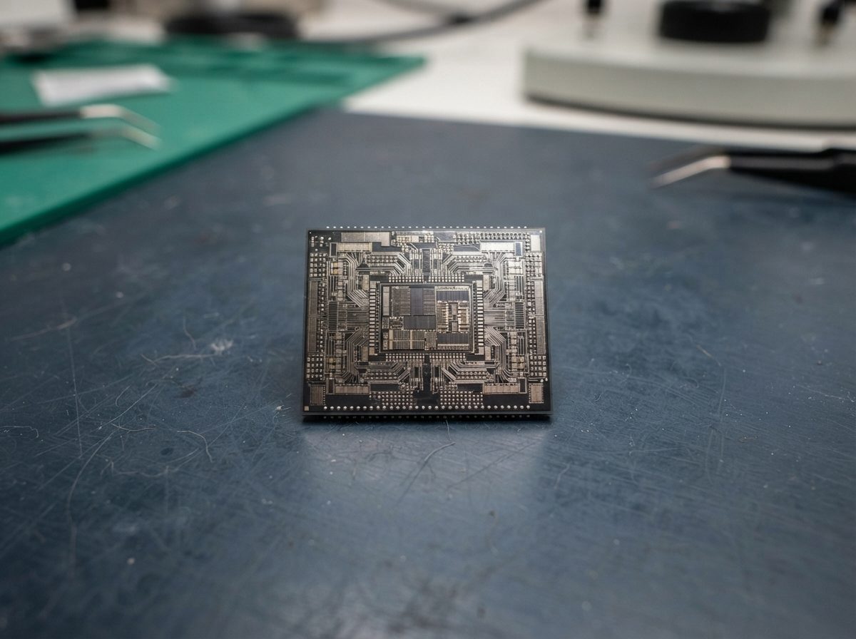 Macro photograph of a silicon NAND flash memory chip under bright studio lighting.