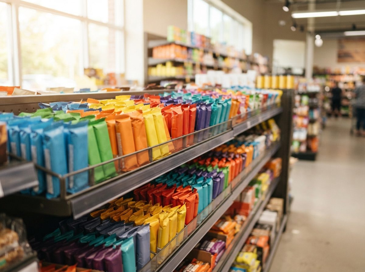Rows of protein bars and snack packages displayed on a brightly lit grocery store shelf.
