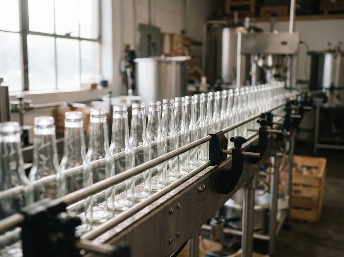 Glass beverage bottles on a small-scale bottling line inside a production facility.