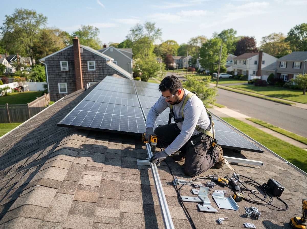 Technician installing solar panels on a suburban rooftop in bright daylight.