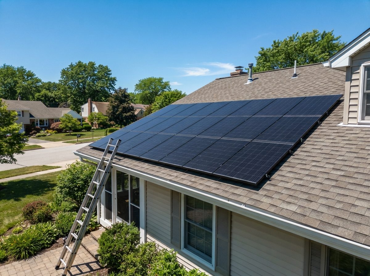 Rows of solar panels installed on a residential rooftop under clear daylight.
