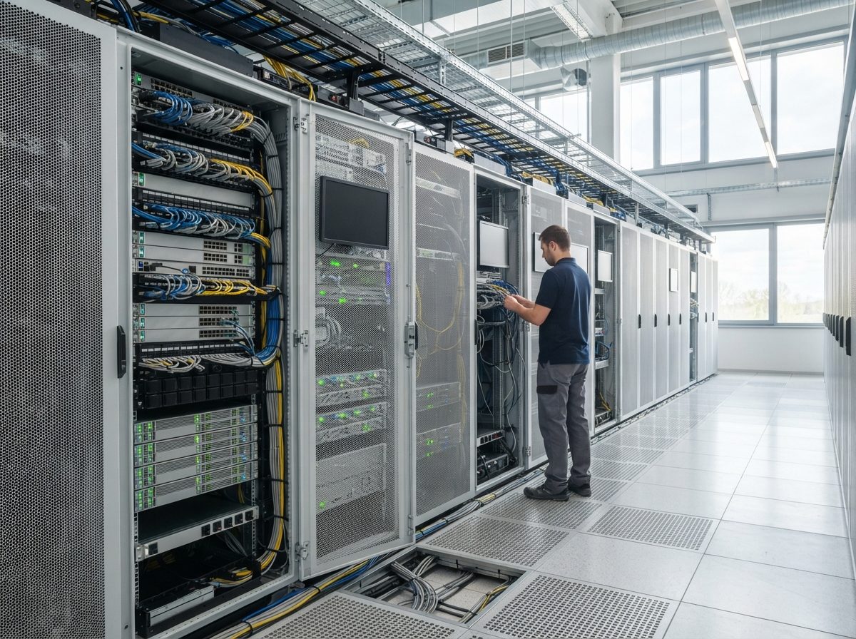Rows of server rack cabinets inside a bright, modern data center facility.