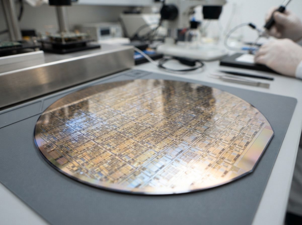 A silicon wafer with etched circuit patterns reflecting bright studio light.