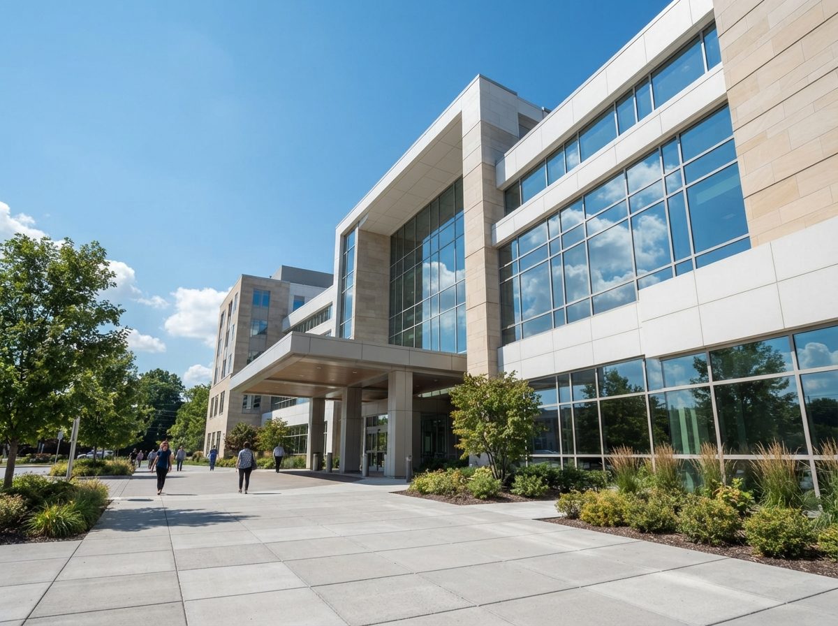 Bright modern hospital building exterior under a clear sky.