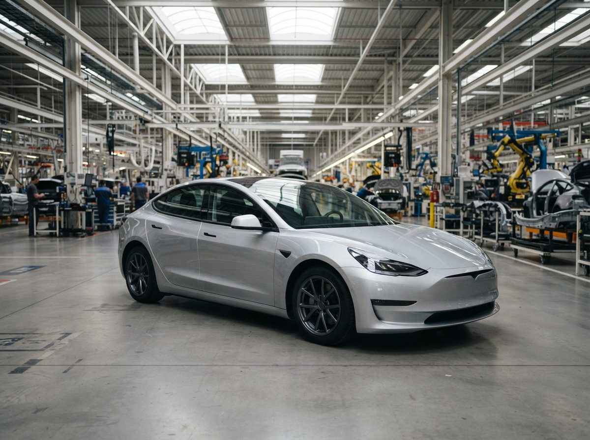 A silver electric vehicle inside a bright, modern automotive factory bay.