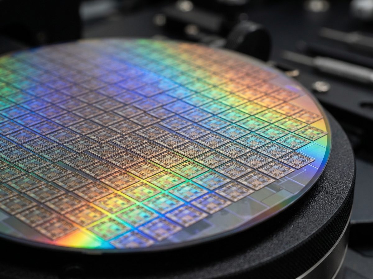 Macro view of a reflective silicon semiconductor wafer with rows of analog chip dies under bright light