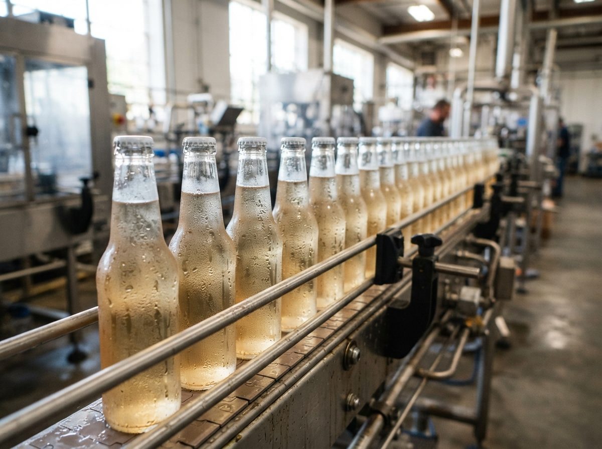 Chilled glass soda bottles lined up on a stainless steel bottling line.