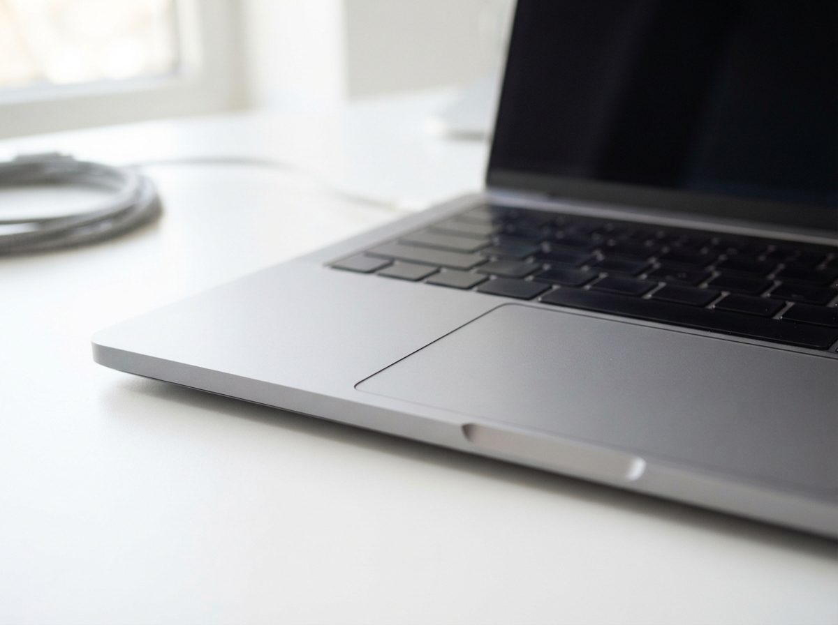 Close-up of a brushed aluminum laptop chassis on a bright workbench, representing American computer hardware manufacturing.