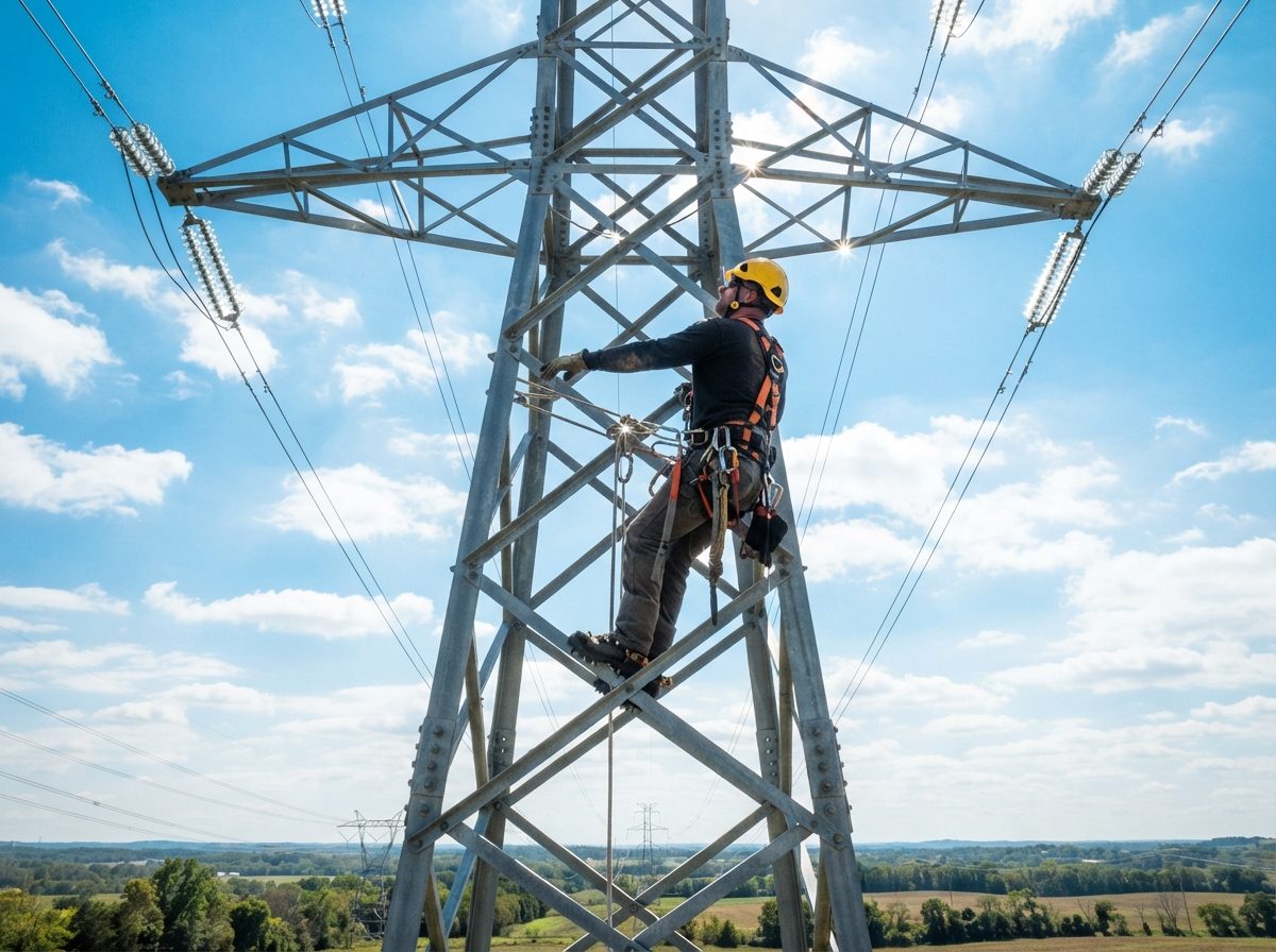 A utility lineworker climbs a steel transmission tower under a clear sky, representing large-scale American infrastructure contracting.