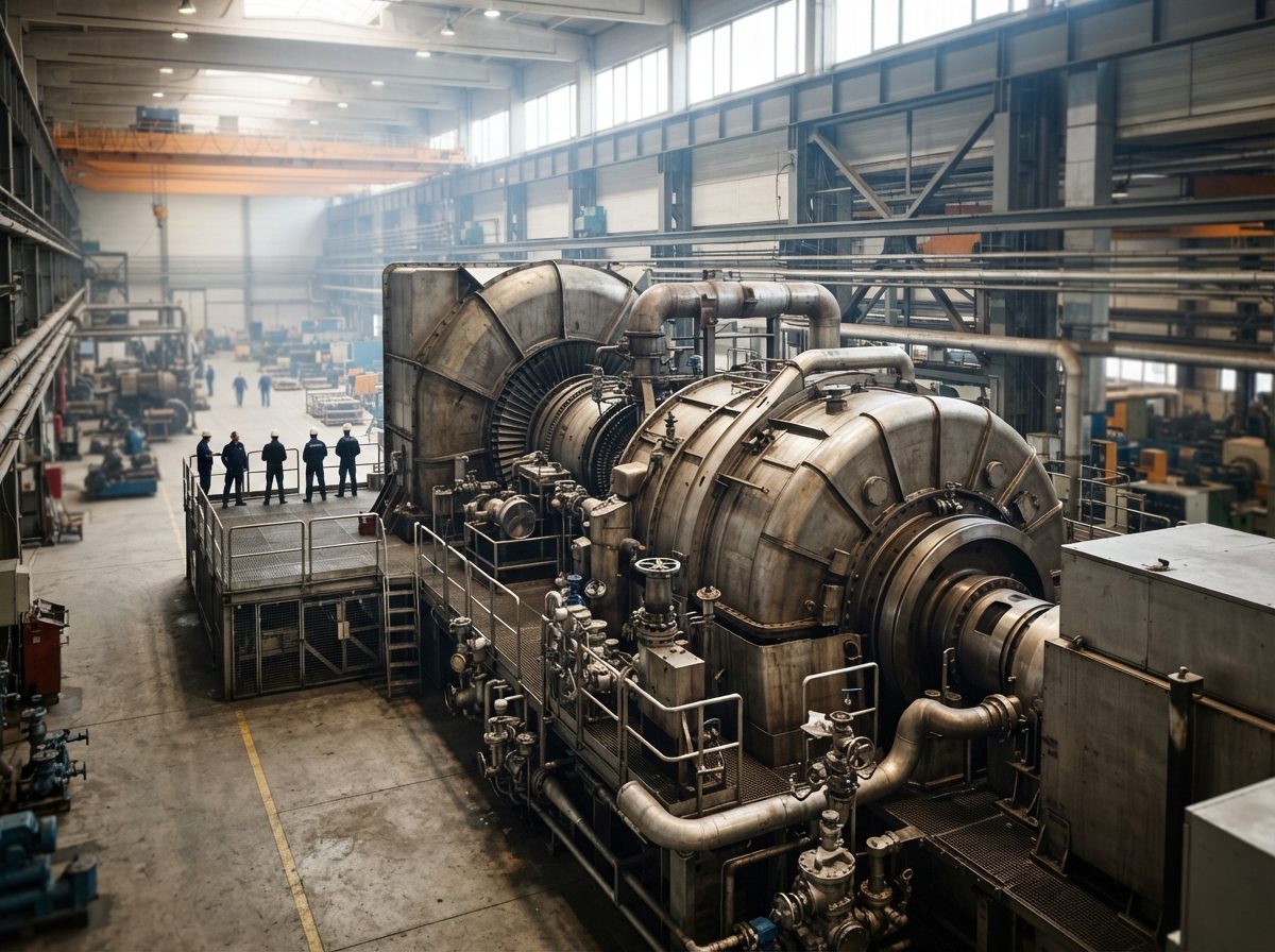 Large industrial turbine generator on a factory floor with bright overhead lighting.