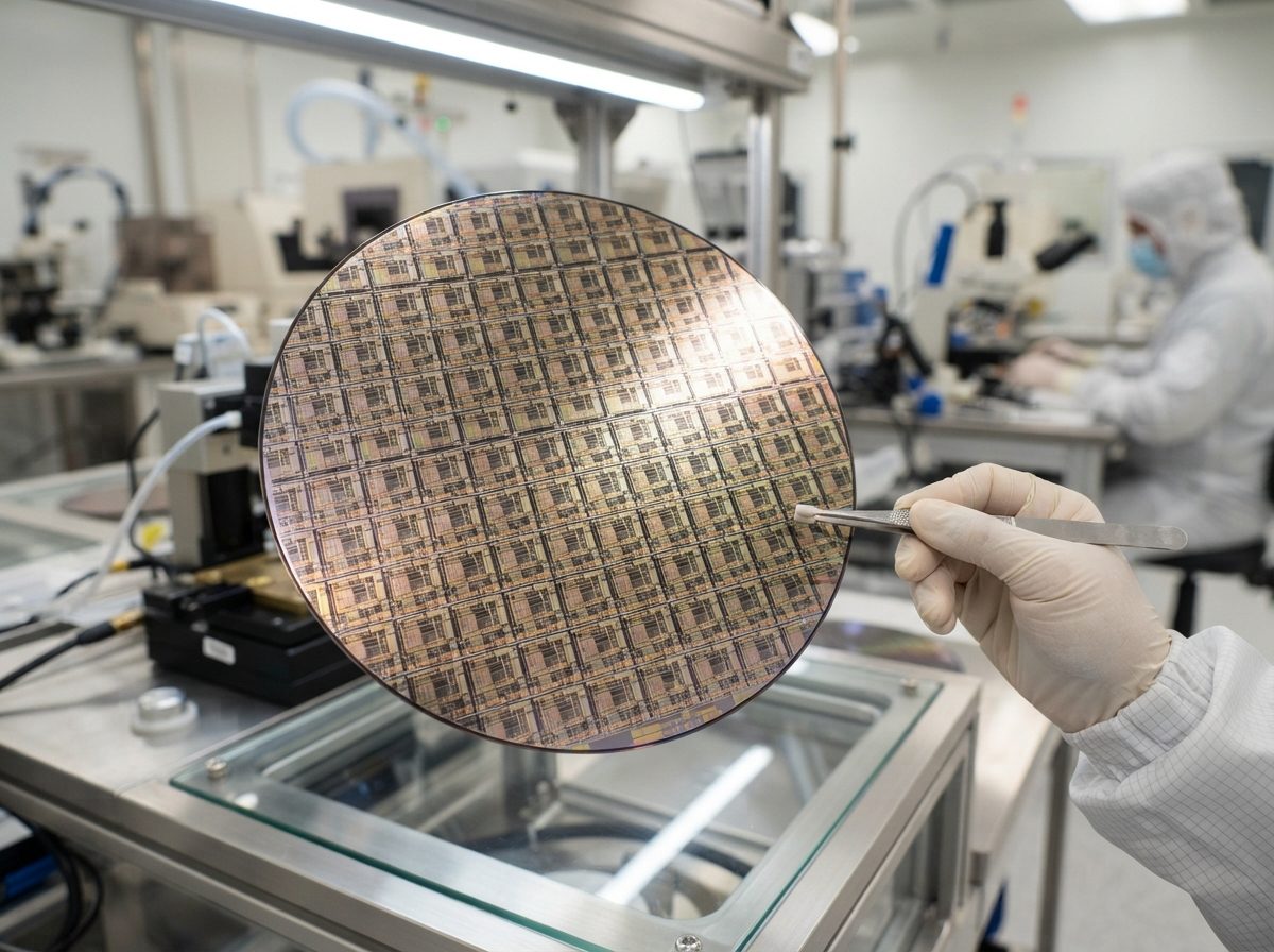 Close-up of a silicon wafer with intricate microchip circuitry under bright cleanroom lighting.