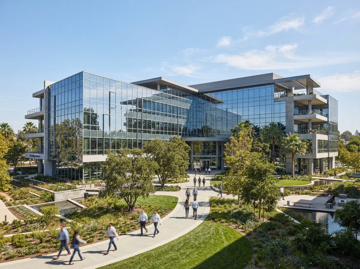 Bright modern glass office building representing a large American software company campus.