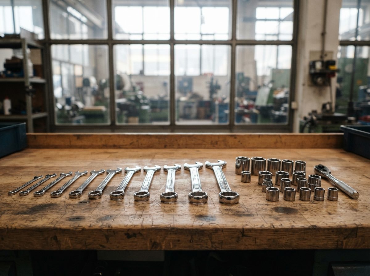 Polished steel hand tools arranged on a workbench in bright natural light