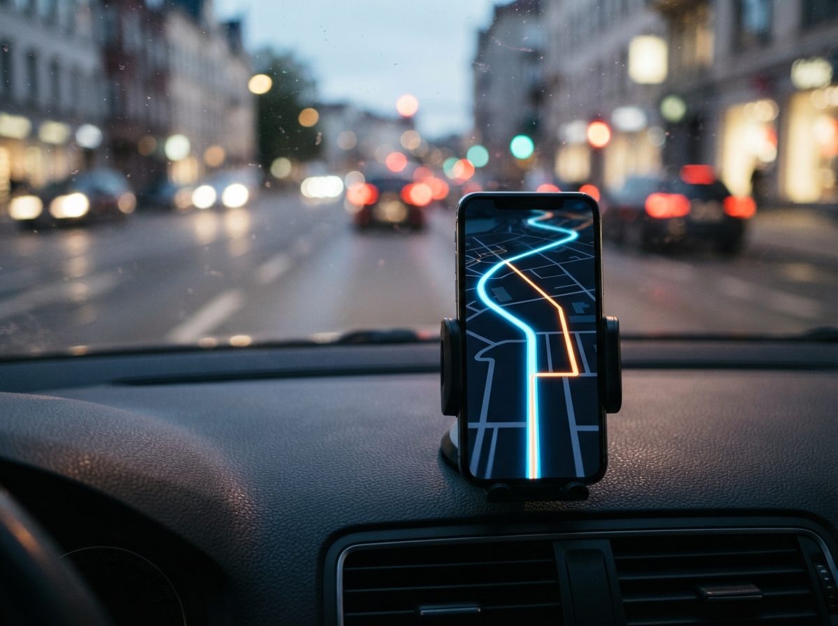 A smartphone displaying a glowing navigation map mounted on a car dashboard in city traffic at dusk.