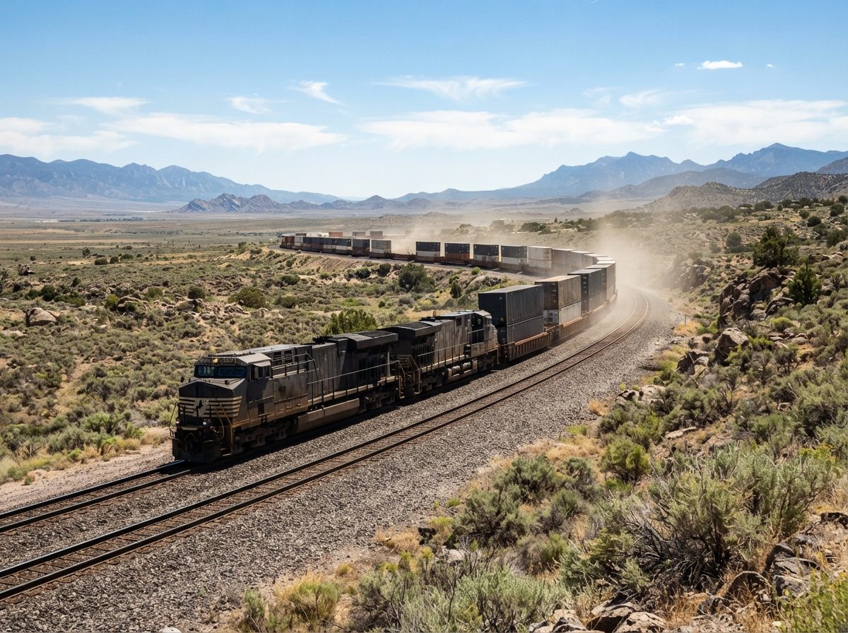 A freight train with intermodal containers travels through an open western landscape under bright sunlight.