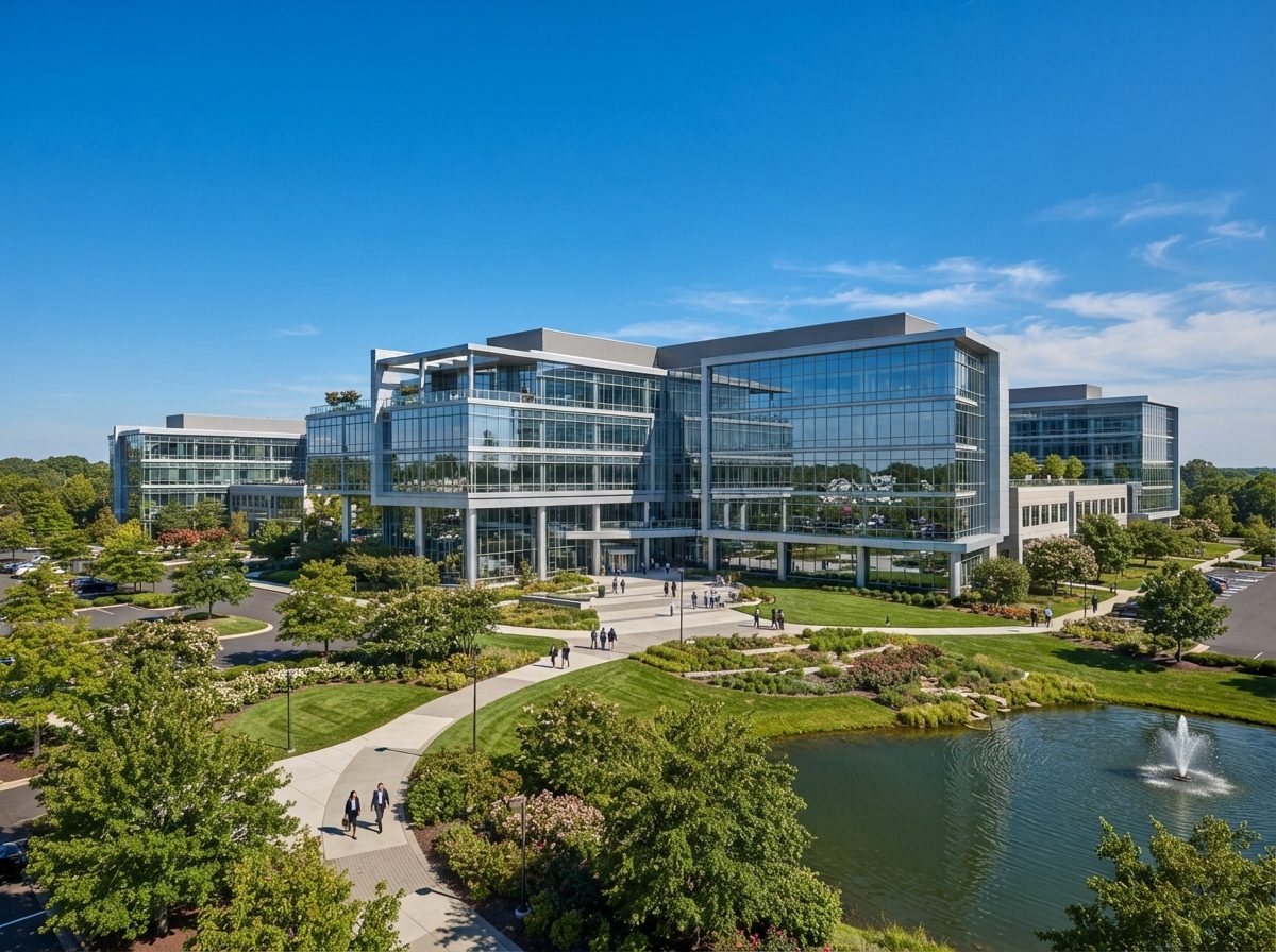 Exterior of a large modern corporate health insurance headquarters building under a clear sky