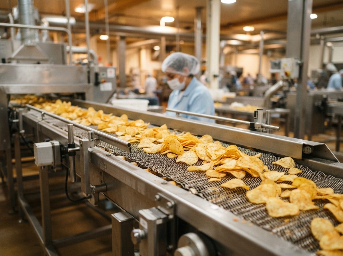 Golden potato chips moving along a stainless steel conveyor belt in a bright snack factory.