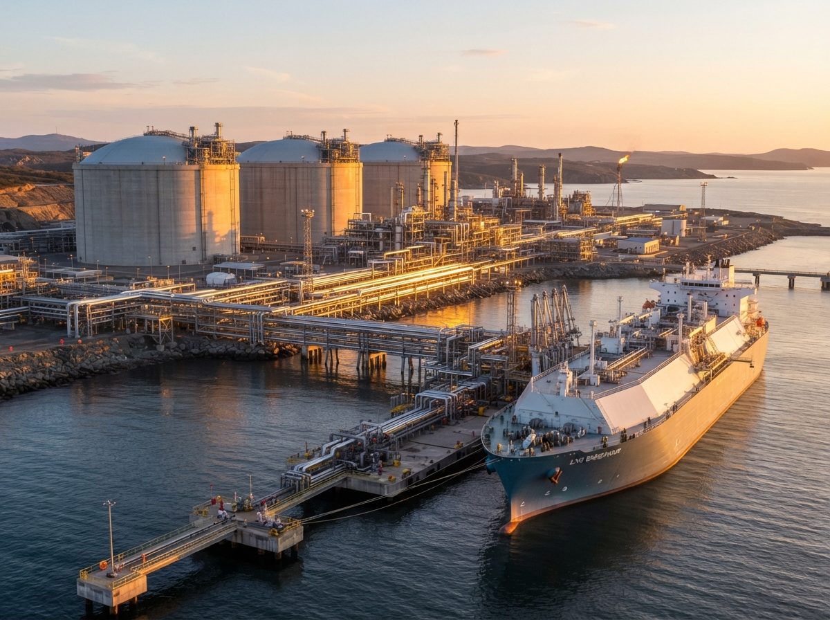 Liquefied natural gas export terminal with storage tanks and a docked tanker ship at sunrise.