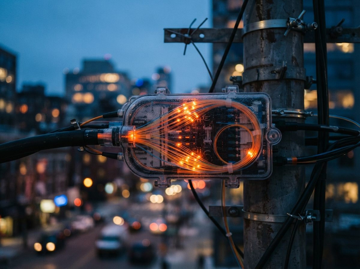 Close-up of illuminated fiber-optic cable strands used in telecom network infrastructure.