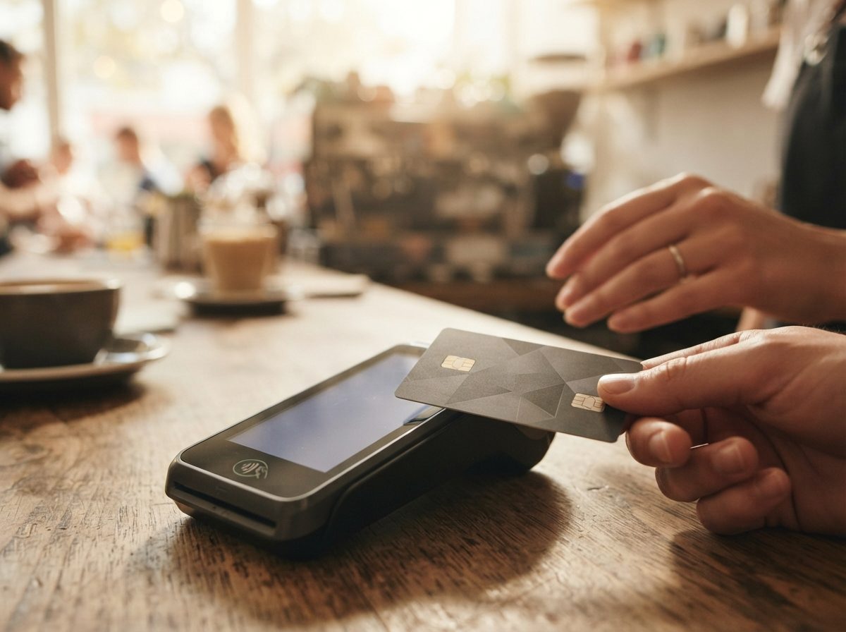 Close-up of a contactless payment card tapping a terminal in a sunlit cafe setting