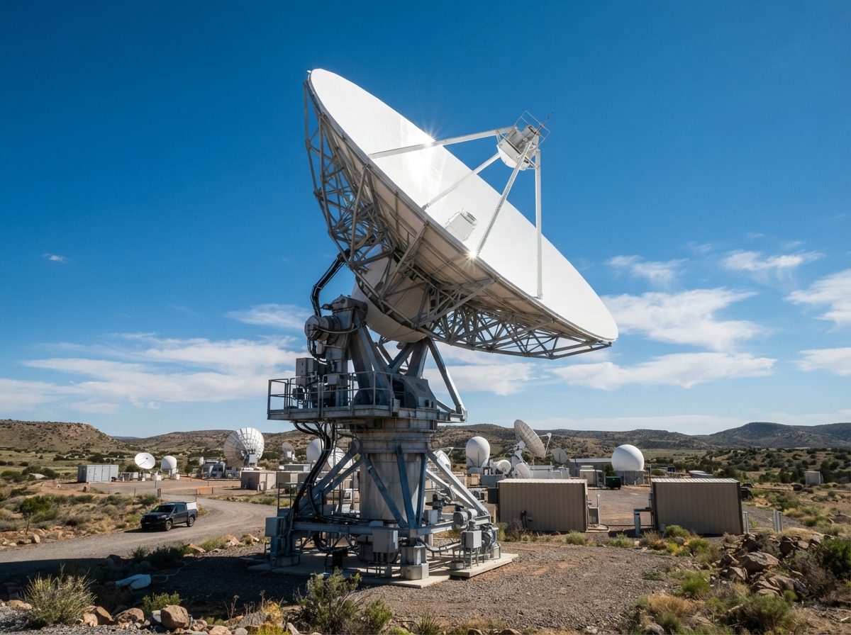 A large satellite communications dish under a bright clear sky at a technology testing site.
