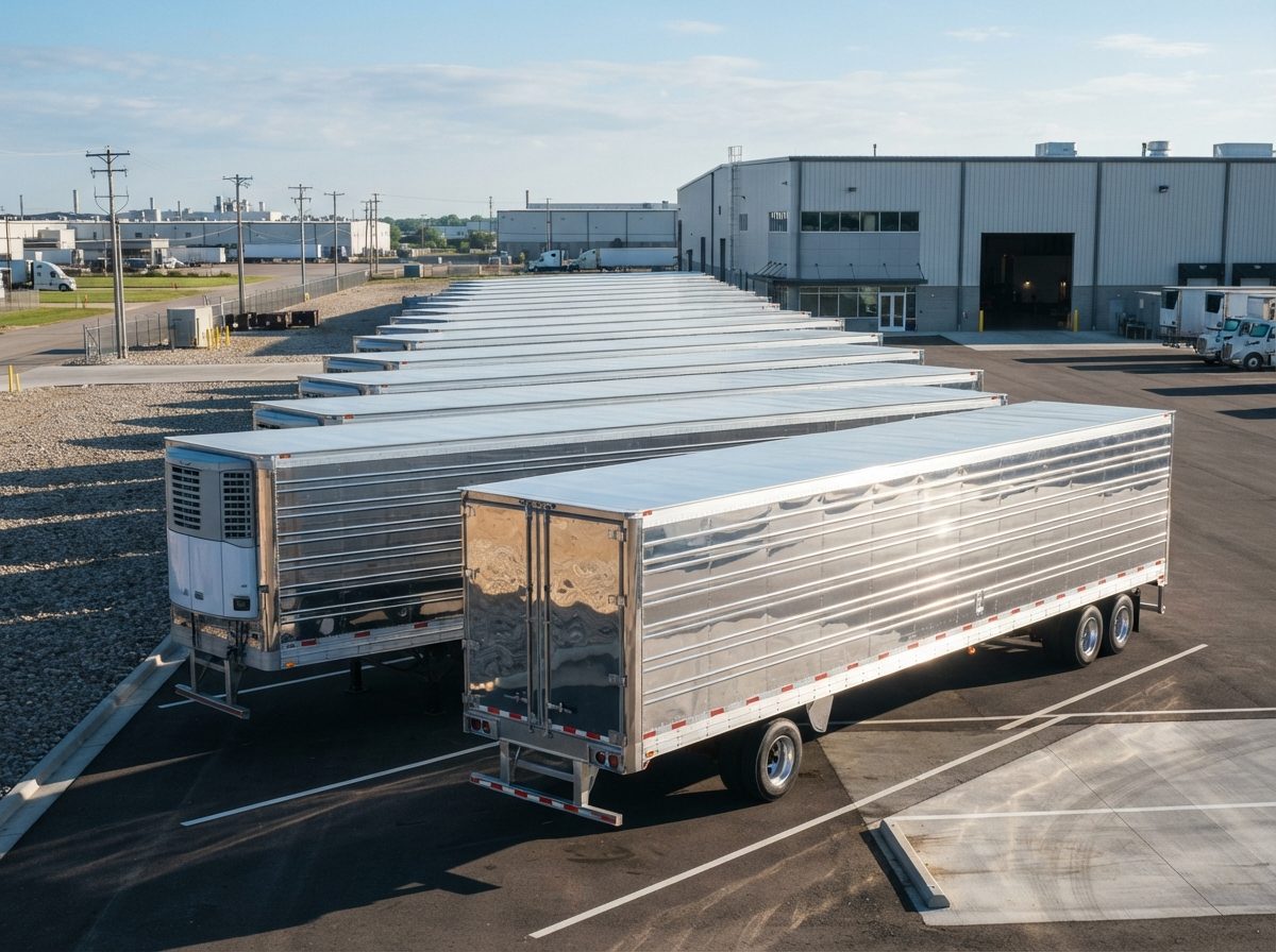 Rows of aluminum semi-trailers parked in a sunlit manufacturing yard.