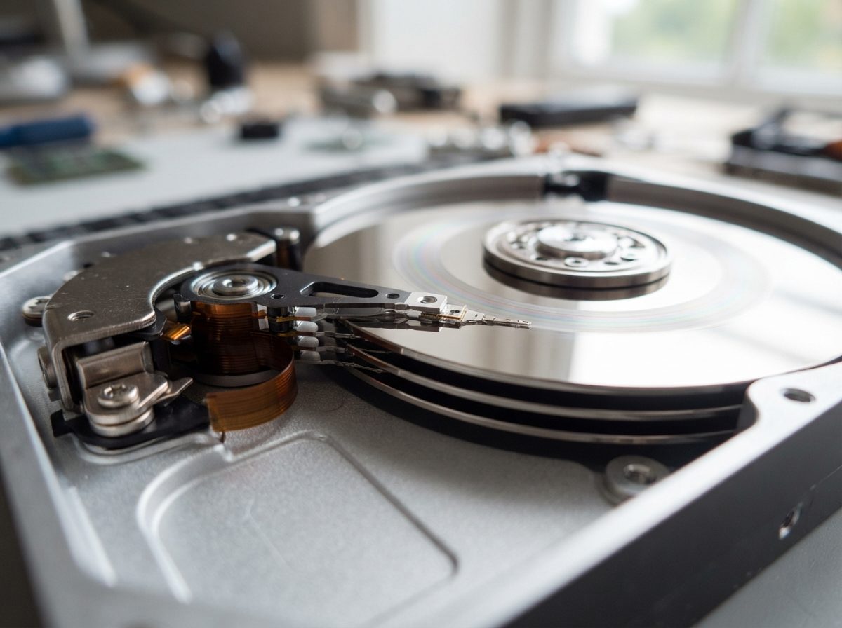 Close-up of a hard disk drive's internal mechanical components under bright lighting.
